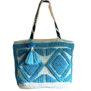 HANDWOVEN Boho Chic Double Diamond Aqua and Ivory Cotton Embroidered Tote Bag